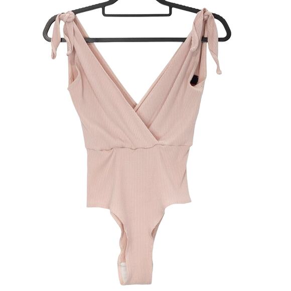 Reformation Macey Bodysuit Sleeveless Tie Shoulder Ribbed Soft Pink Womens Sz S - Picture 2 of 10